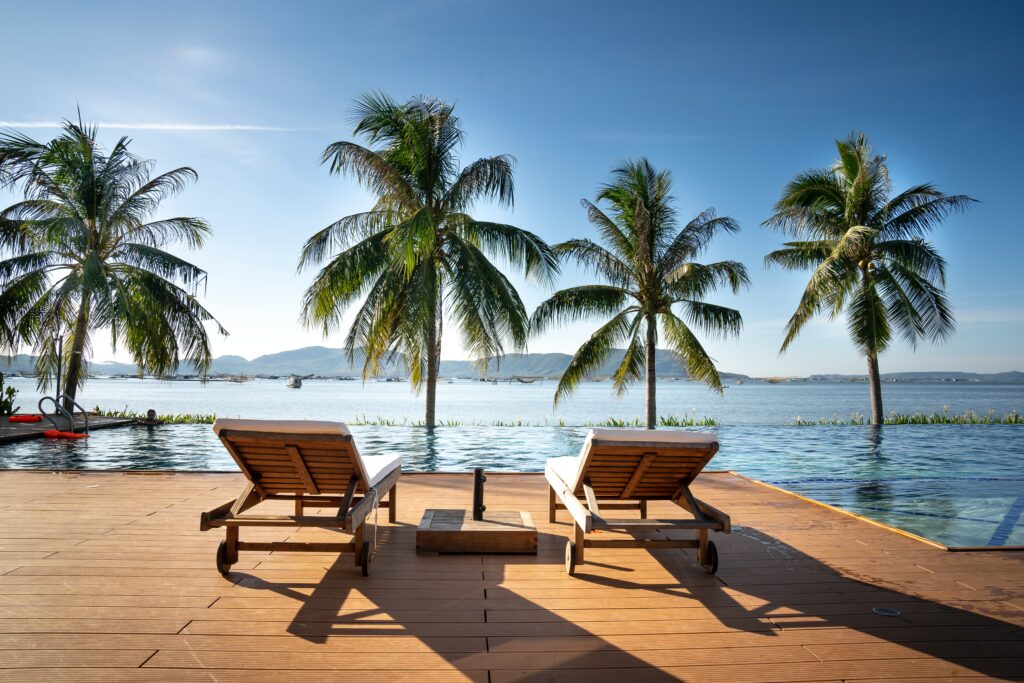 beach scene with palm trees