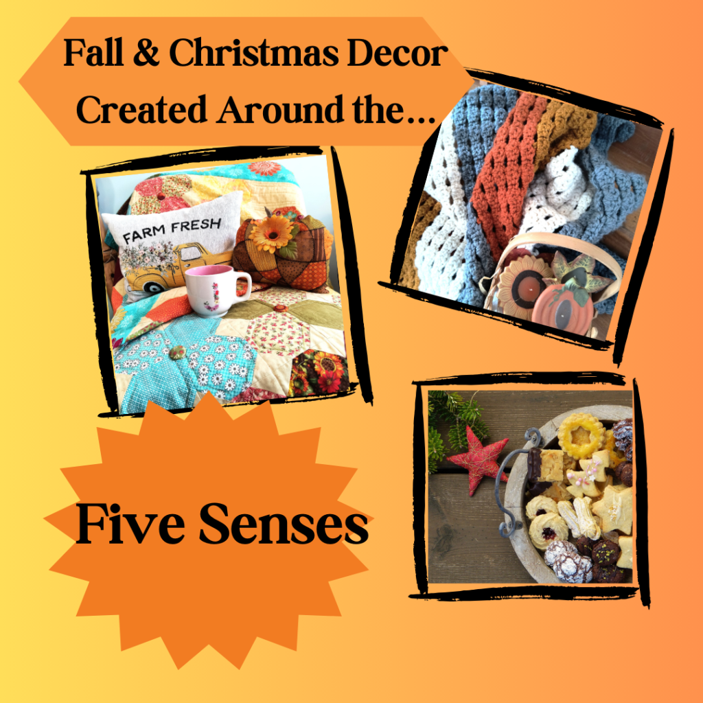 orange background with pictures of Fall quilts, pillows, afghan, and Christmas cookie tray