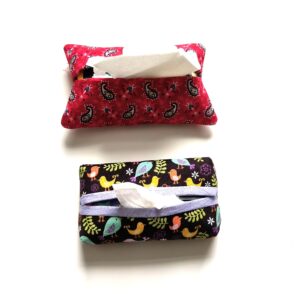 quilted red fabric tissue pack cover and a boxed cover style with birds.