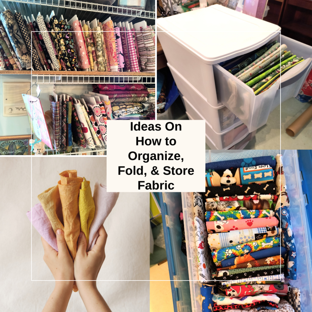 different examples of storing fabric. shelves, drawers, & containers