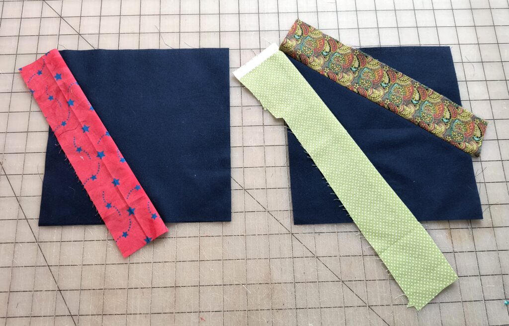 one block shows one string sewn and pressed on. The other block shows two strings sewn and pressed on.