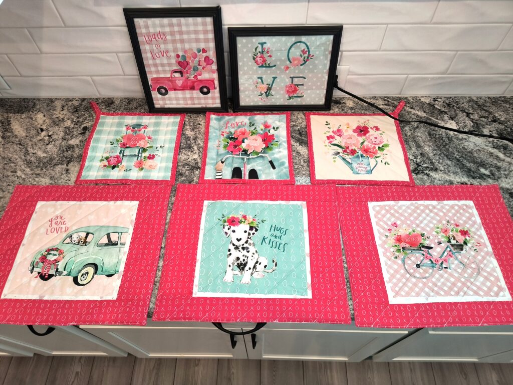 my completed projects from a panel. Three placemats, three potholders, and two pictures framed.