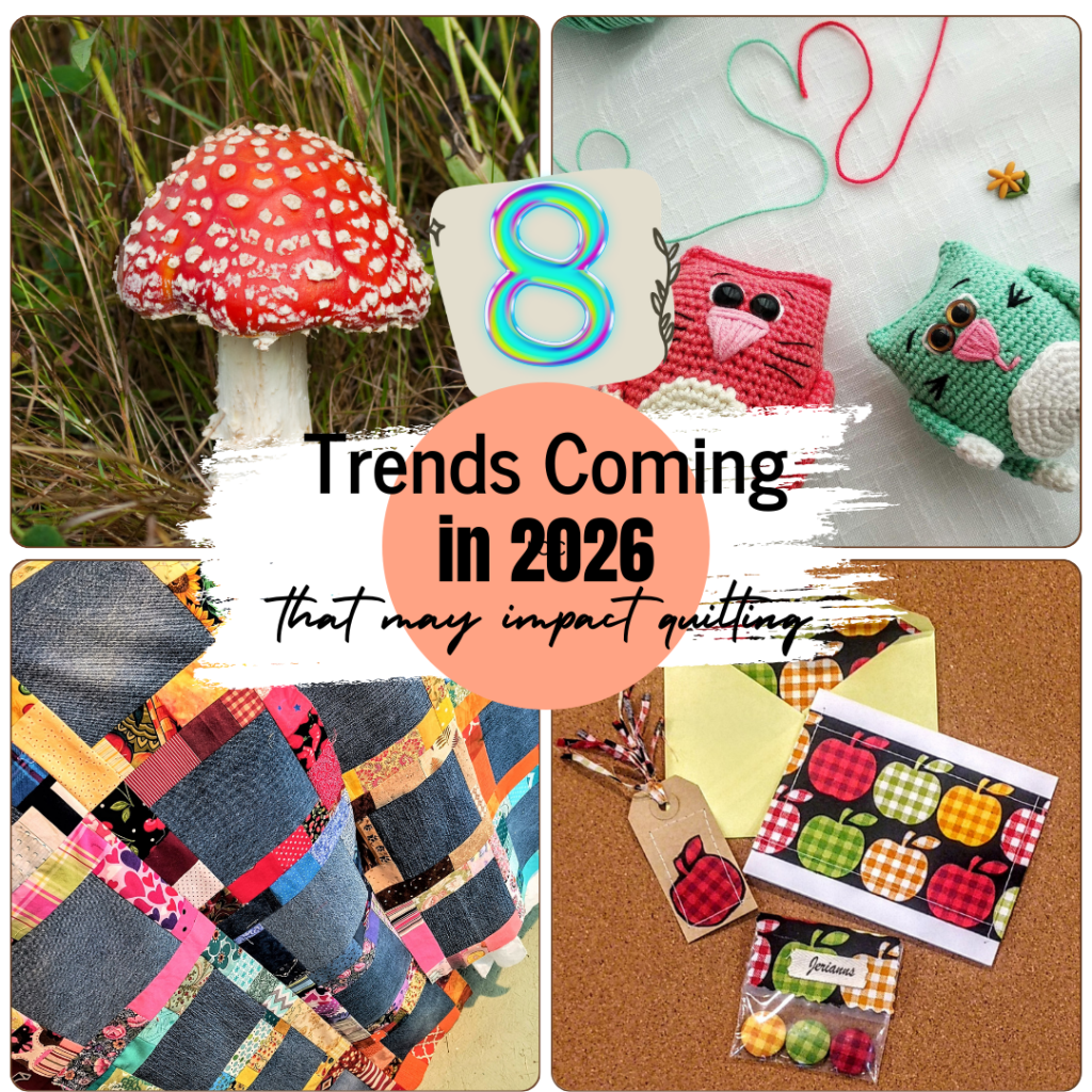 picture of mushroom, crocheted critters, jean quilt and fabric stationary.